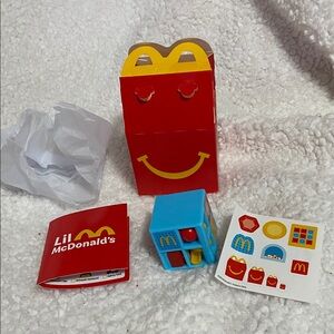 Lil McDonald’s play cube McDonald’s happy meal toy w/ lil box stickers book, NIB